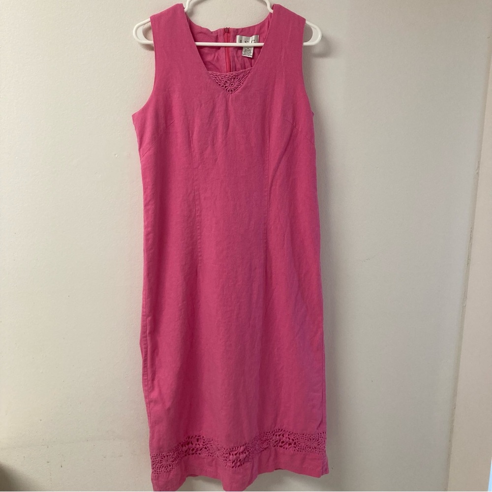 Pink Sleeveless Linen Dress with Crochet Hem